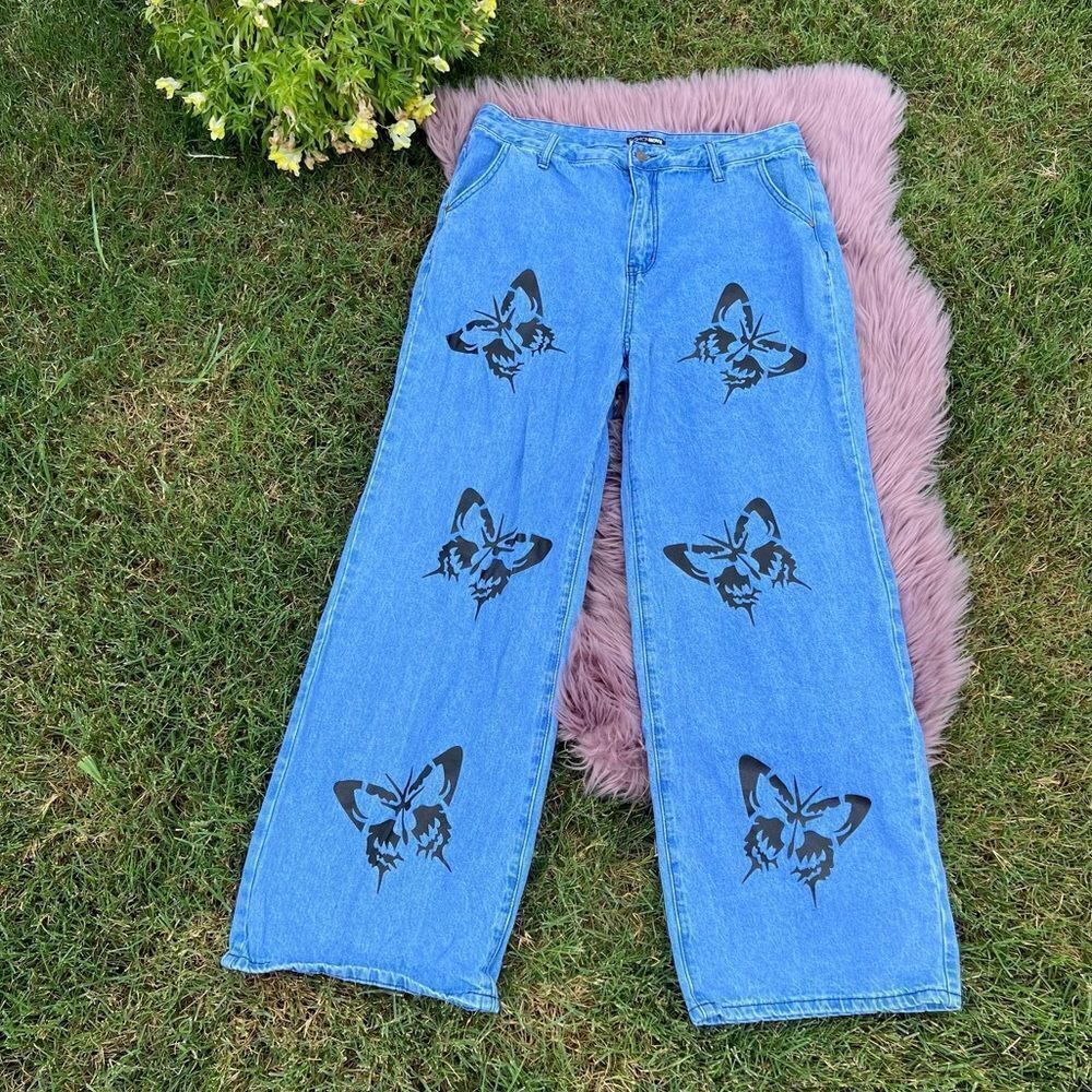 Fashion Nova High Rise Blue Denim Wide Leg Black Butterfly Graphic Jeans Sz 15